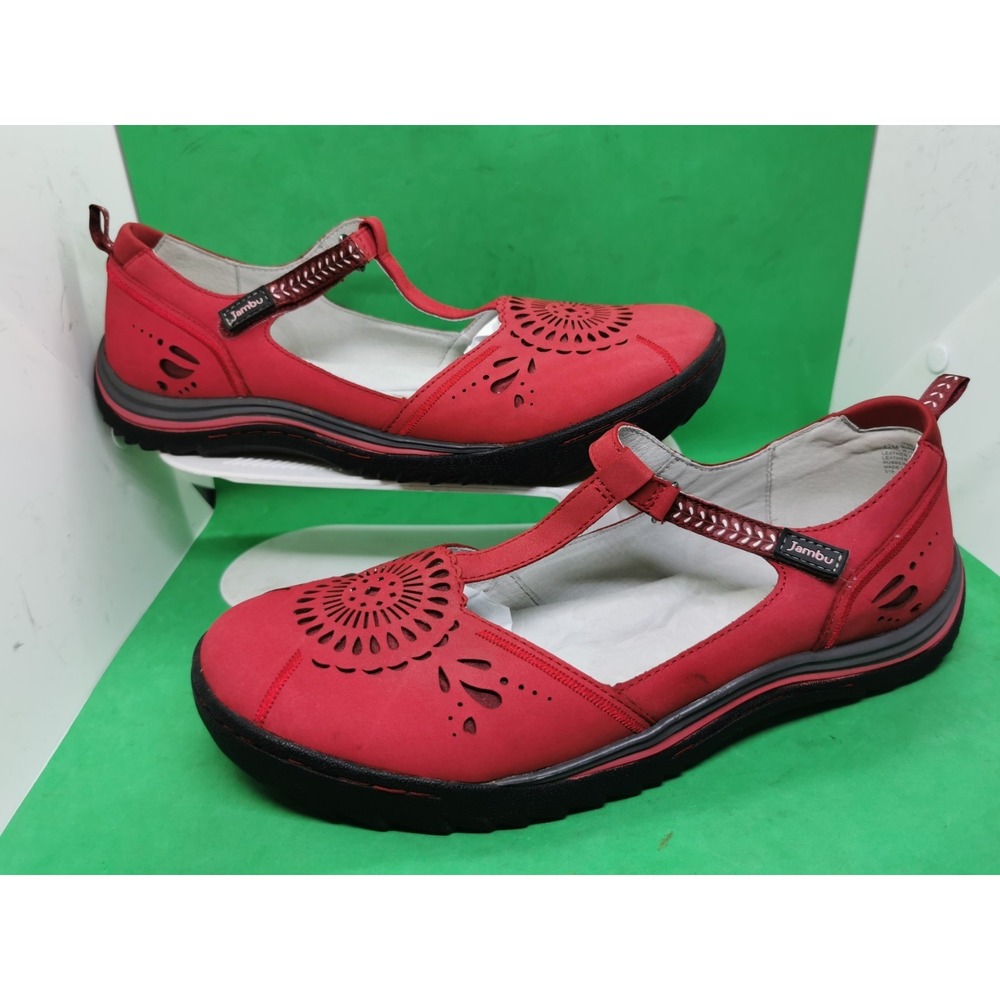 JAMBU Red Leather Mary Jane T-Strap Memory Foam Sandal Shoes Women's Size 12 M